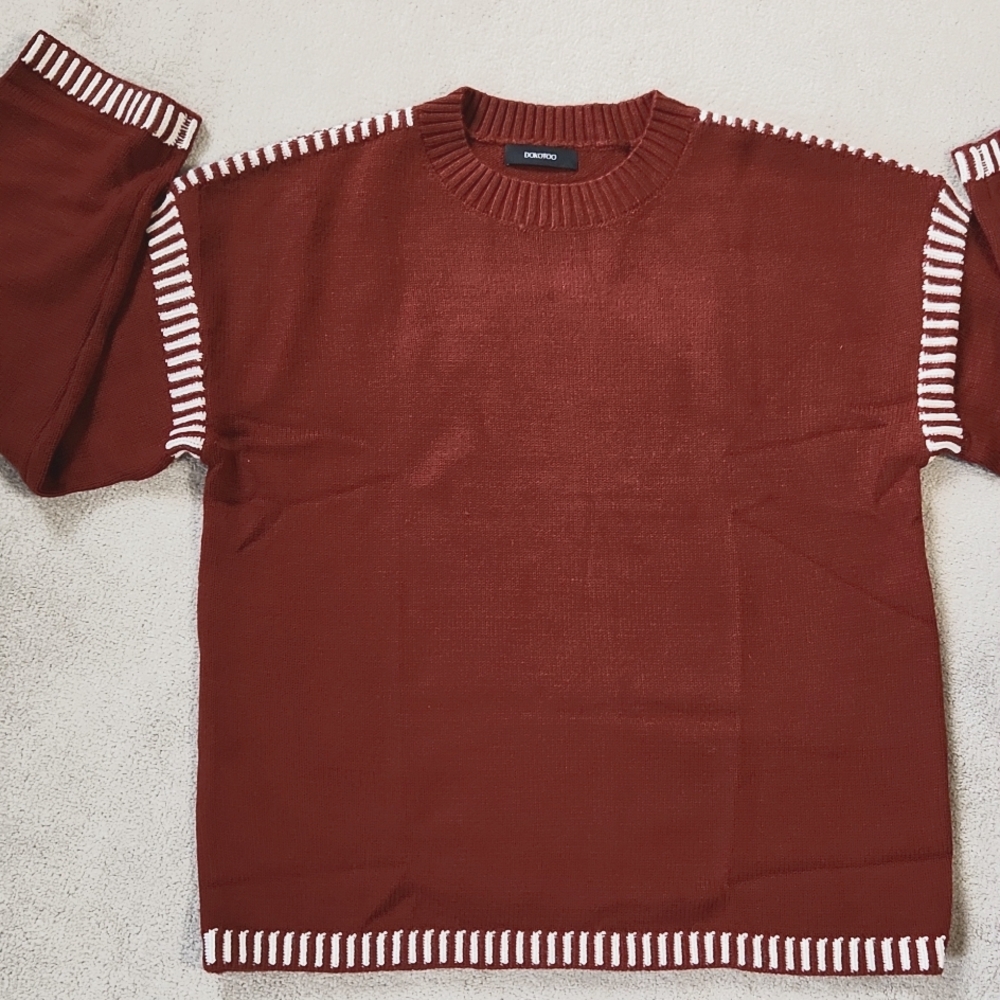 Women's Pullover Crew Neck Long Sleeve Loose Fit Sweater Rust/Maroon - M…
